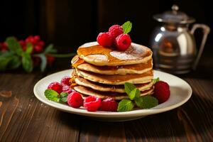 Inviting stack of pancakes adorned with syrup and berries on rustic table photo