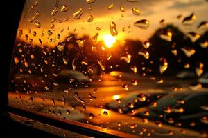 Golden sunset refracting through rain traced window offering a serene spectacle photo