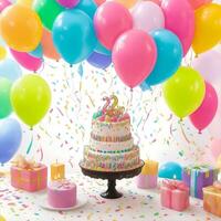 hermosa contento cumpleaños antecedentes con globos, pastel con velas por ai generado foto