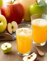 Apple juice and fresh apples on wooden background. Selective focus. ai generated photo