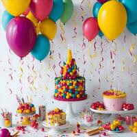 Beautiful happy birthday Background With Balloons, cake with candles by Ai generated photo