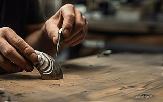 artesanal carpintería, mano, tallado herramienta, de madera pedazo, espiral modelo foto