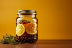 Herbal Christmas tea blend in a glass jar isolated on a gradient background photo