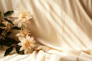 Abstract floral background with foliage and sunlight shadows on beige fabric ample space photo