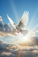 White dove ascends against peaceful sky symbolizing divine heavenly messages photo