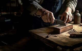 carpintero manos trabajando con cincel y madera en taller foto