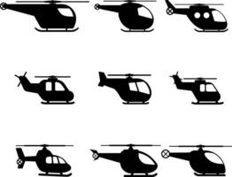 helicóptero icono colocar. aeronave gráfico recursos para icono, símbolo, o signo. vector icono de helicópteros para diseño de vuelo, aviación o transporte