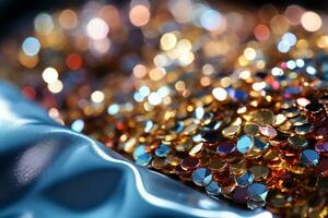 Glittering sequins on fabric radiating brilliant hues under focused light close up photo