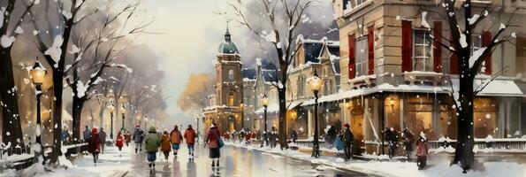 Snow covered stalls and happy shoppers in watercolor holiday market scene photo