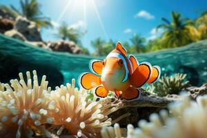 Clownfish dancing among anemone tropical island with beach and palms split view background with empty space for text photo