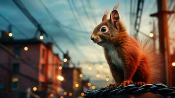 Adventurous squirrel traversing city via power lines background with empty space for text photo