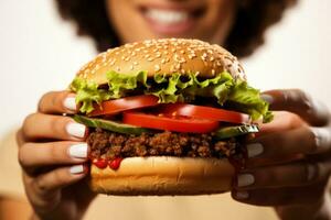 Professional woman savoring a gourmet burger isolated on a white background photo