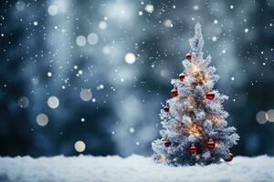 Festive outdoor Christmas tree with snow bokeh lights and falling snow creating a joyful holiday ambiance photo