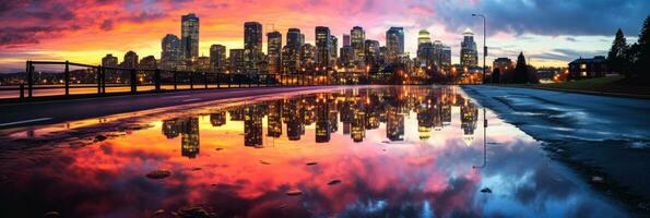 Cityscape mirrored in puddle displaying vibrant hues after a stormy rain photo