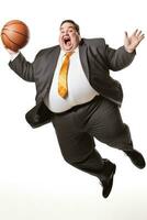 Enthusiastic fat manager tossing a basketball isolated on a white background photo