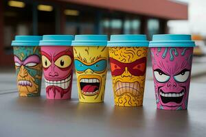 Chic paper coffee cups boasting artful designs showcasing quirky pop culture photo