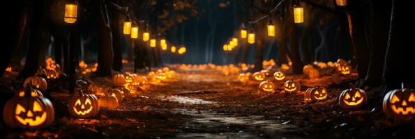 Glowing Halloween pathway lights eerie outdoor scene background with empty space for text photo