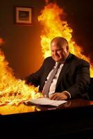 A portly manager burning midnight oil at desk isolated on a gradient background photo