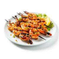 Delicious grilled shrimp skewers isolated elegantly on a pristine white background photo