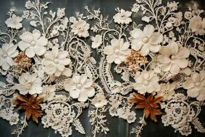 Detailed images showcasing antique lace patterns on late century textile backgrounds photo