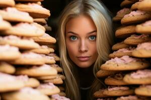 rubia niña furtivo vistazo a apilar de rosado escarchado azúcar galletas foto