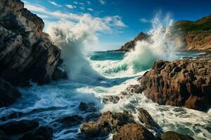 dramático mar olas ferozmente asaltando un pacífico rocoso línea costera foto