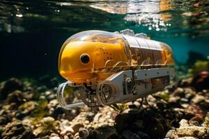 An underwater shot of a robot ensuring the safe passage of a migrating school of fish through hazardous areas photo