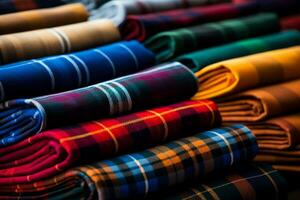 Assortment of tartan plaid patterns in varied color palettes displayed up close photo