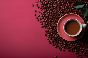 Creative flat lay of coffee accessories and cups background with empty space for text photo
