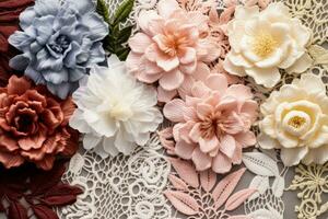 Detailed imagery displaying vintage floral lace patterns on pastel textile backgrounds photo