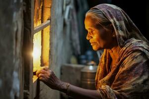 Indian woman weather seals caulks windows for winter achieving energy efficiency photo