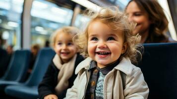 Joyful toddlers first train journey with parents background with empty space for text photo