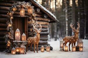 Reindeer themed decorations in Finnish Lapland towns background with empty space for text photo