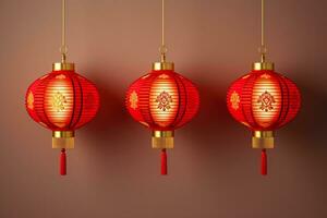 Red Chinese New Year lanterns hanging isolated on a gradient background photo