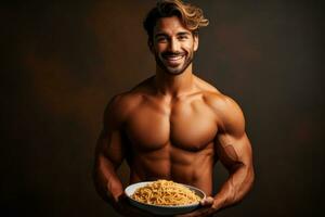 Fitness enthusiast consuming post workout pasta isolated on a health bar gradient background photo