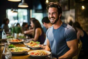 Fitness buff refueling with a pasta dish in a lively health bar photo