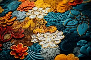 Extreme close ups of elaborate quilting patterns on diverse textile backgrounds photo