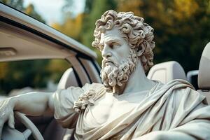 Marble Ancient greek statue travels by car photo