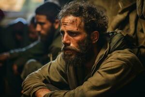 Anxiety laden faces of Israeli soldiers at the front line during rocket attacks photo