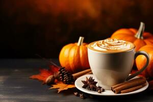 Spiced pumpkin latte with cinnamon still life background with empty space for text photo