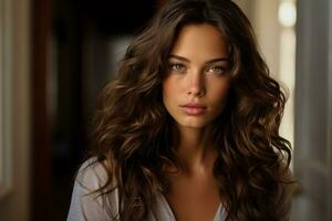 Young woman posing gazes at camera in captivating portrait photo