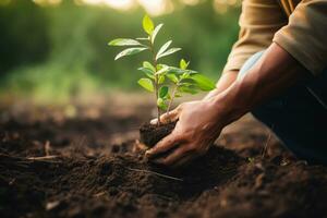 A cancer patient planting trees isolated on an earth toned gradient background photo