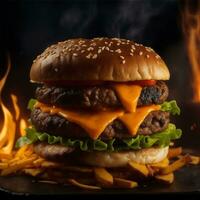 Huge hamburger with lots of ingredients by ai generated photo