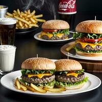 Tasty hamburger with french fries on wooden table by ai generated photo