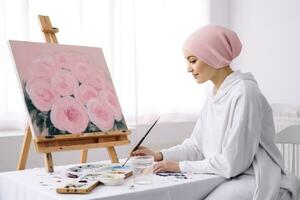 Cancer patient painting on canvas background with empty space for text photo