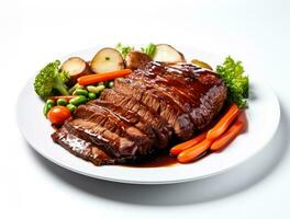 Tender braised beef brisket with vegetable garnish pristinely isolated on white background photo