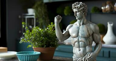Marble greek statue cooks food in the modern kitchen photo