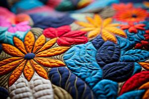 Close up capture of meticulous stitchwork in colorful quilted fabric patterns photo