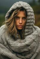 Person bundled in blanket bracing against crisp autumn chill outside photo