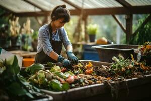 asiático joven ama de casa mujer compostaje sobrante comida residuos responsablemente foto